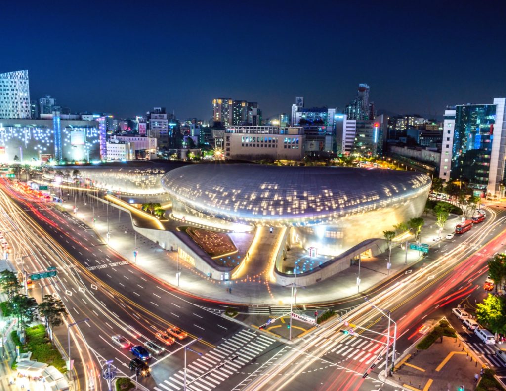 Night view of Dongdaemun Design Plaza in Seoul, South Korea